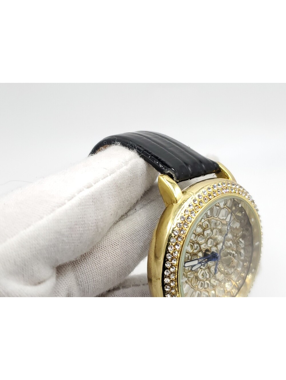 Strada Prisim Gem Quartz Watch Women New Battery Gold Tone Rhinestone Bezel 43mm - Picture 11 of 14